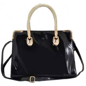Black Patent Tote With Woven Handle