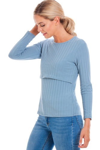 Blue Ribbed Maternity & Breastfeeding Top